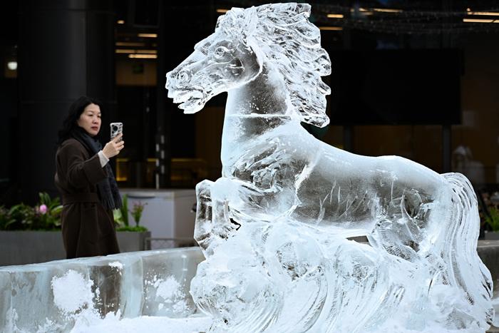北京街头马元素冰雕吸引市民